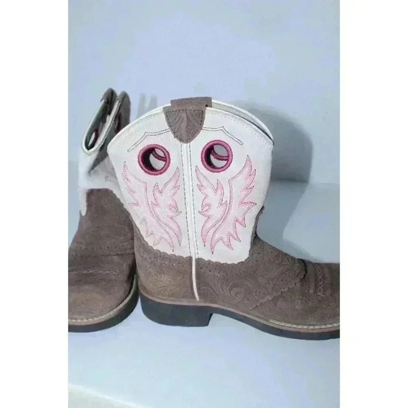 Ariat Cowgirl Boots Pink Brown Embroidered Leather Size 1.5 Teen Fatboy Style - Picture 8 of 11